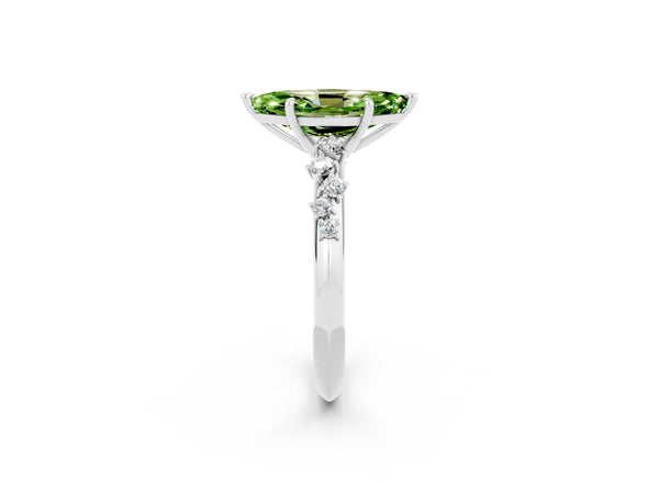 White gold Marquise Cut Peridot Cluster Side Stone Solitaire Ring with Prong Setting