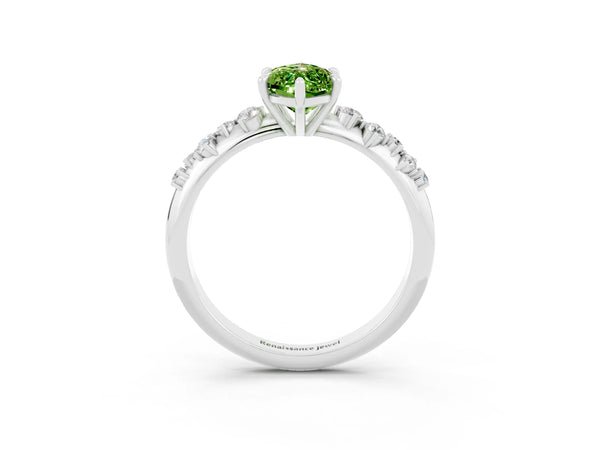 White gold Marquise Cut Peridot Cluster Side Stone Solitaire Ring with Prong Setting