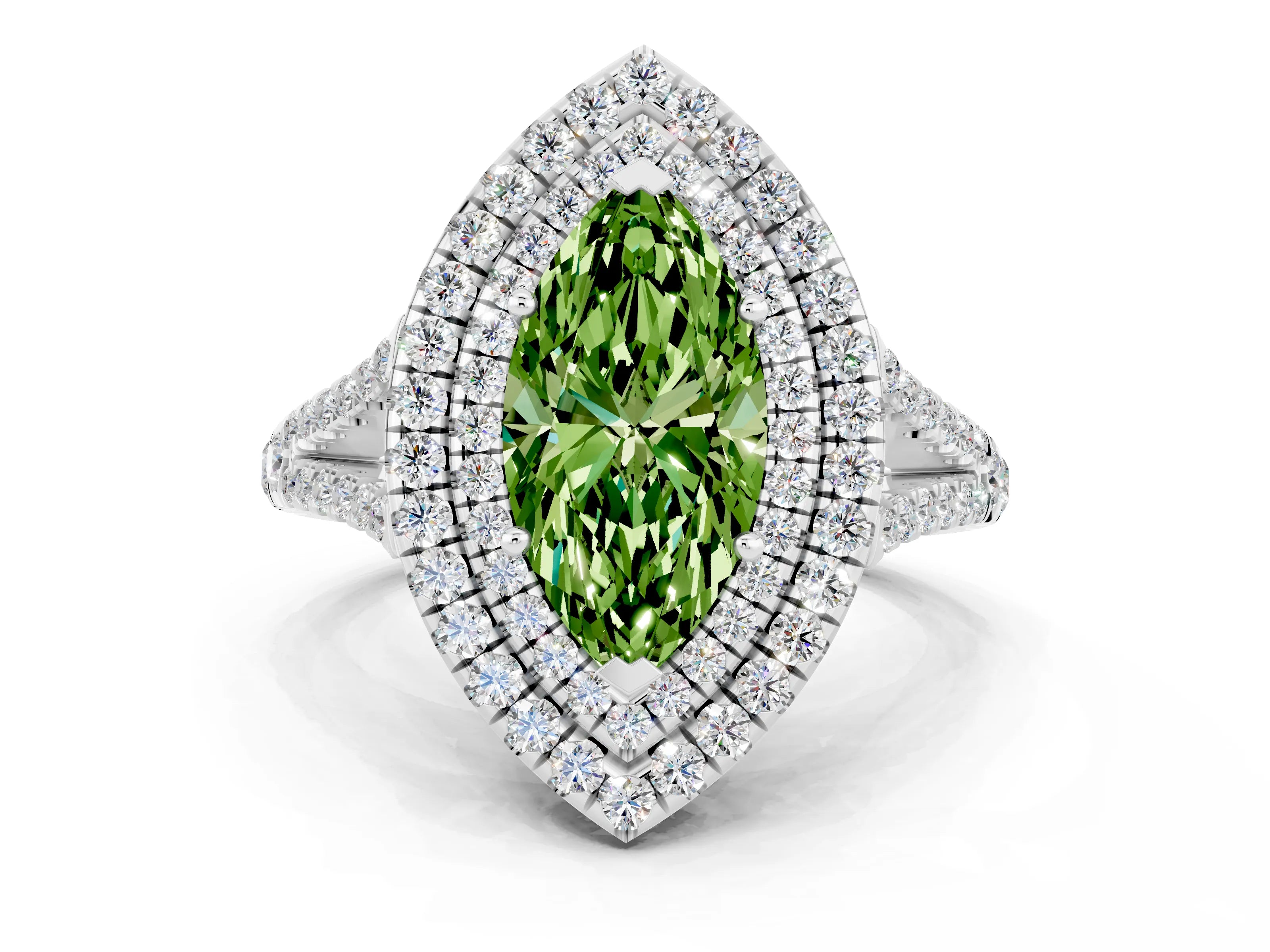 White gold Marquise Cut Peridot Double Halo Ring with Pavé Band and Prong Setting_12