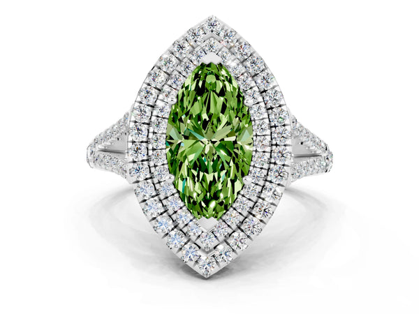 Silver Marquise Cut Peridot Double Halo Ring with Pavé Band and Prong Setting