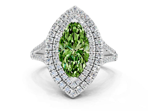 White gold Marquise Cut Peridot Double Halo Ring with Pavé Band and Prong Setting_12