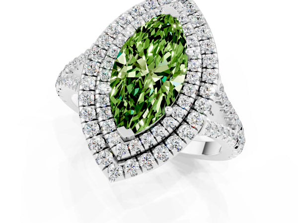 White gold Marquise Cut Peridot Double Halo Ring with Pavé Band and Prong Setting