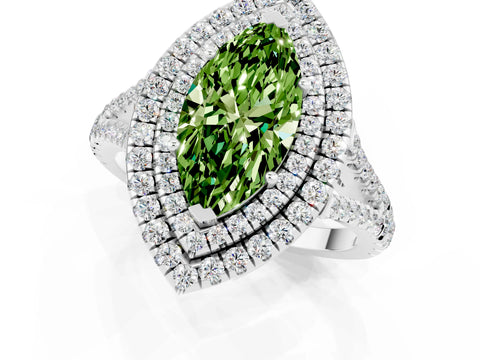 White gold Marquise Cut Peridot Double Halo Ring with Pavé Band and Prong Setting_13