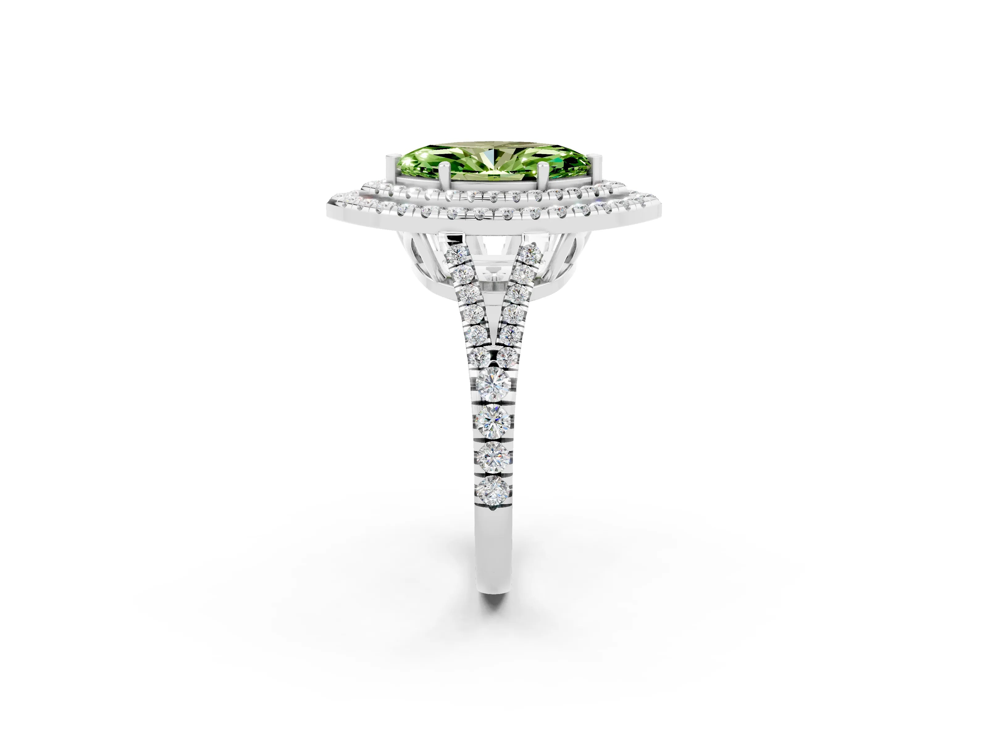 White gold Marquise Cut Peridot Double Halo Ring with Pavé Band and Prong Setting_14