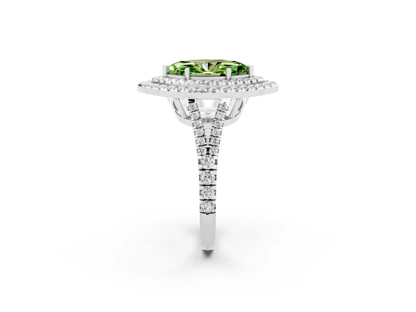 Silver Marquise Cut Peridot Double Halo Ring with Pavé Band and Prong Setting