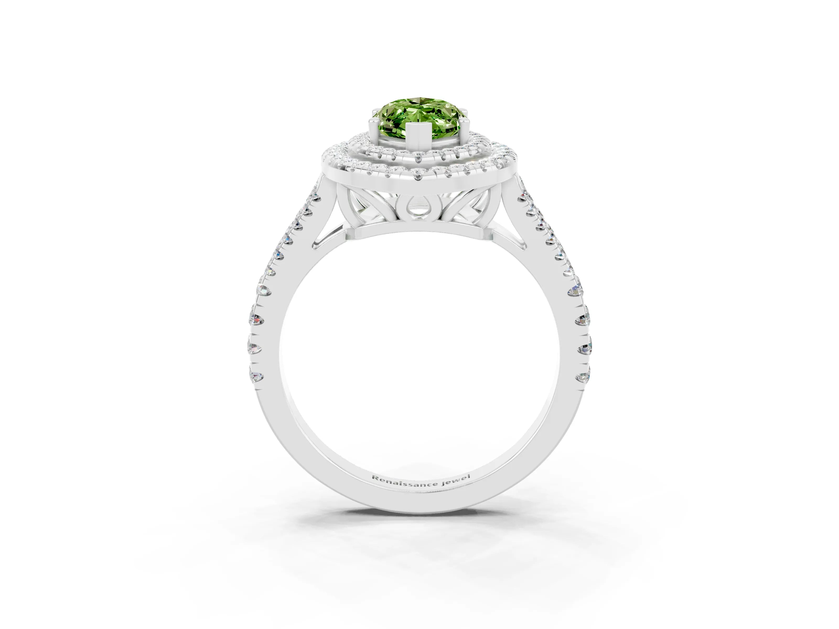 White gold Marquise Cut Peridot Double Halo Ring with Pavé Band and Prong Setting_15