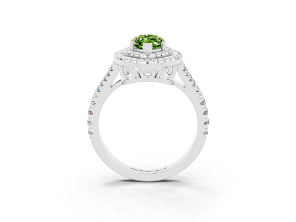 Silver Marquise Cut Peridot Double Halo Ring with Pavé Band and Prong Setting
