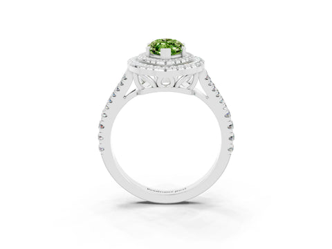 White gold Marquise Cut Peridot Double Halo Ring with Pavé Band and Prong Setting_15