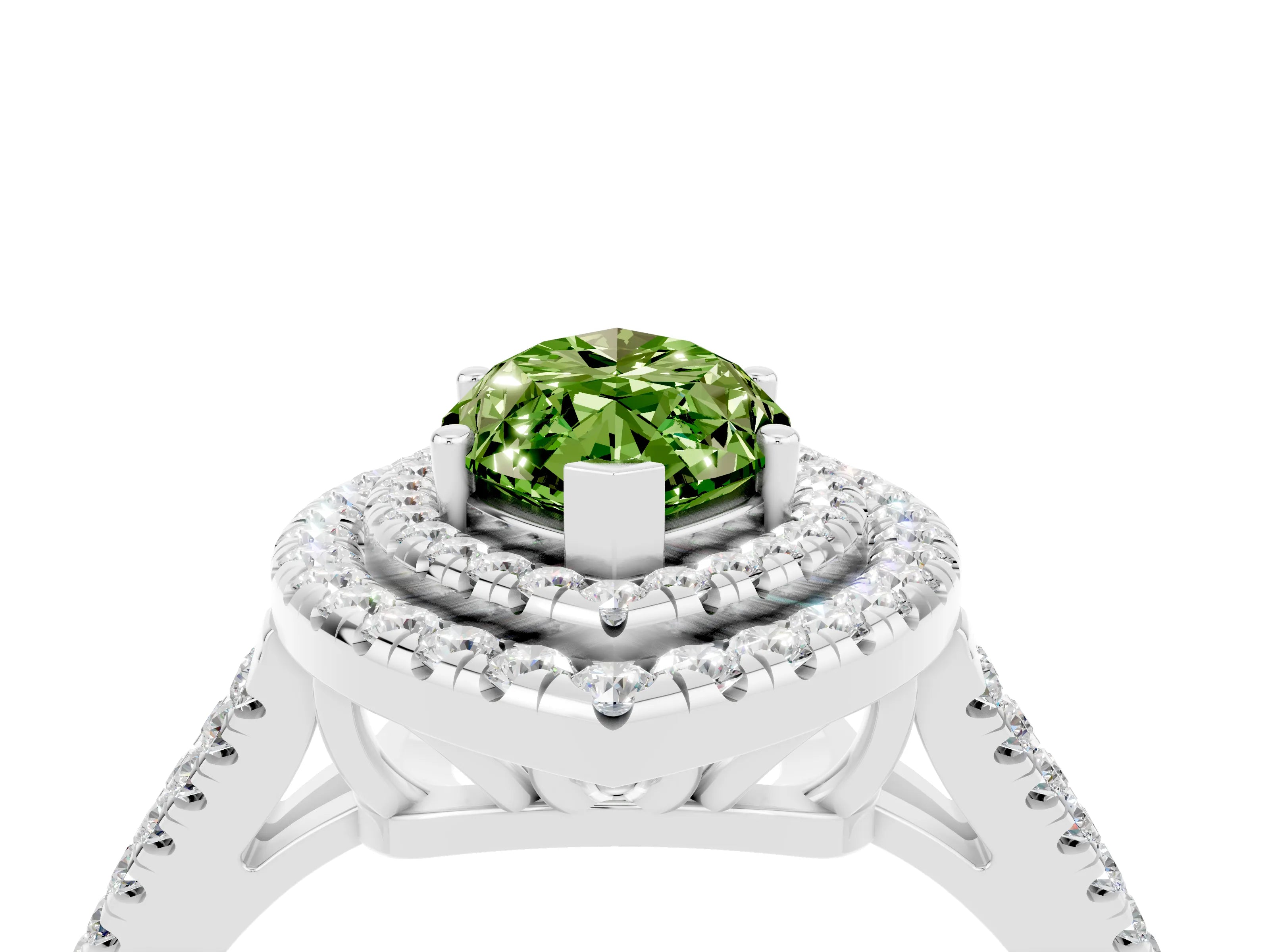 White gold Marquise Cut Peridot Double Halo Ring with Pavé Band and Prong Setting_16
