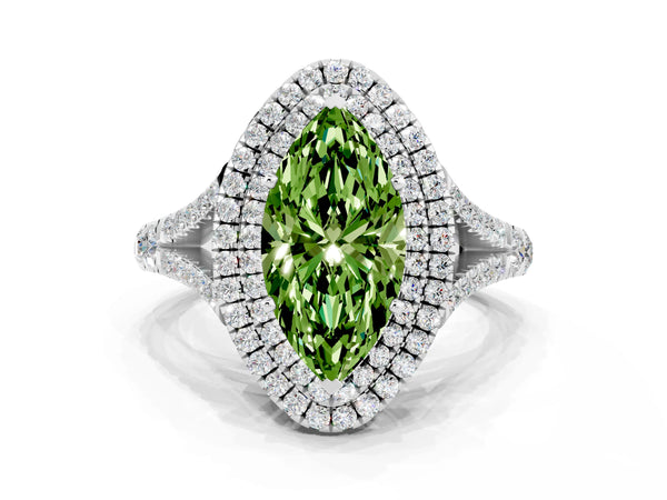 Silver Marquise Cut Peridot Double Halo Ring with Split Shank and Prong Setting
