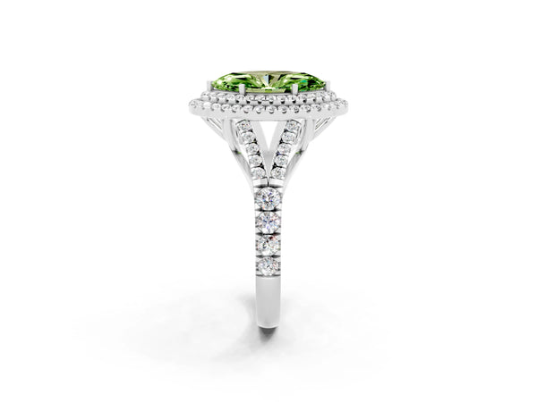 Platinum Marquise Cut Peridot Double Halo Ring with Split Shank and Prong Setting