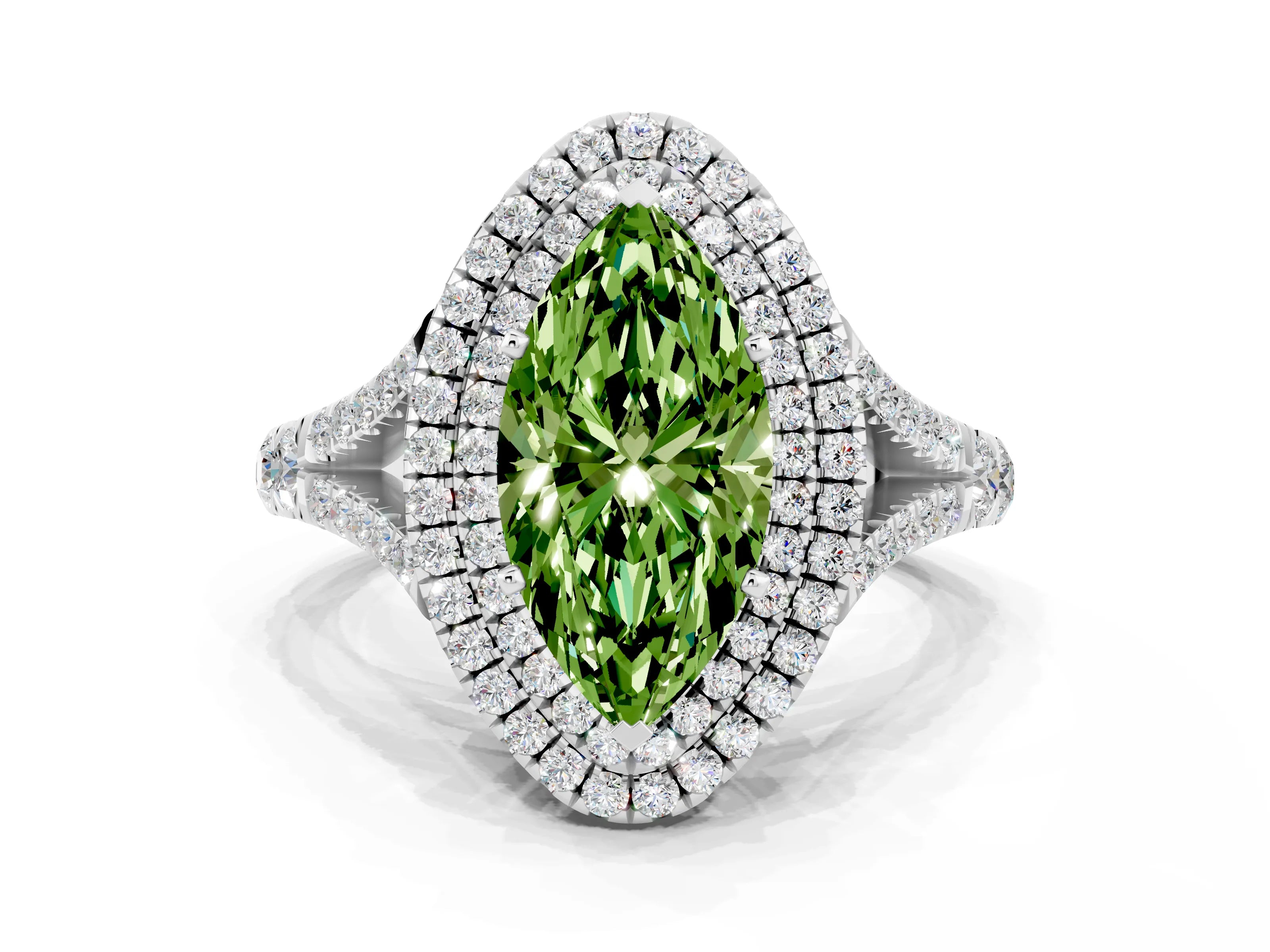 White gold Marquise Cut Peridot Double Halo Ring with Split Shank and Prong Setting_24