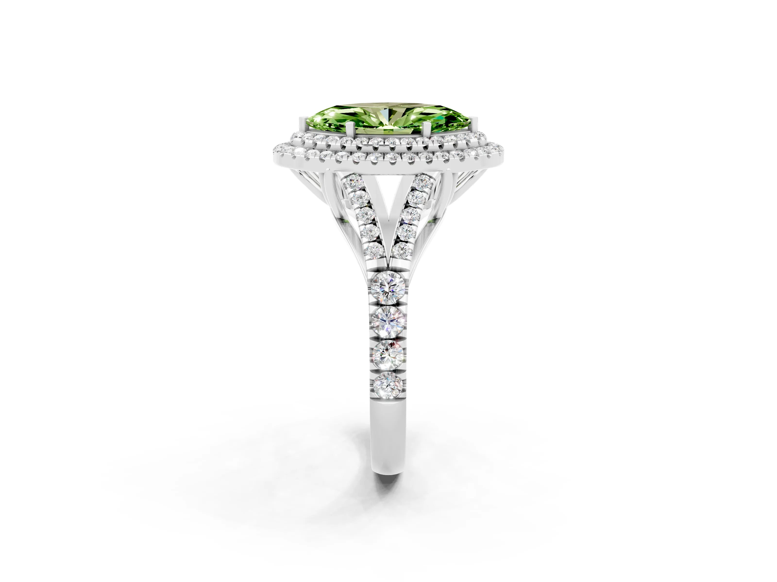 White gold Marquise Cut Peridot Double Halo Ring with Split Shank and Prong Setting_26