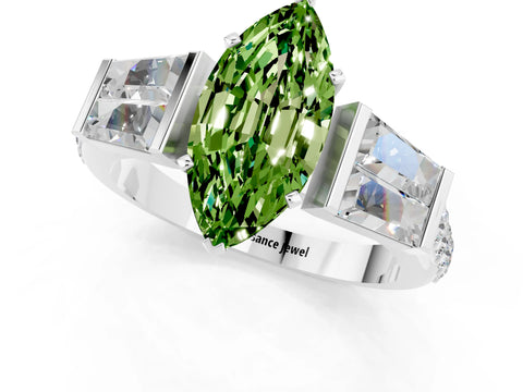 White gold Marquise Cut Peridot Engagement Ring with Baguette Side Stones and Channel Set Band_1