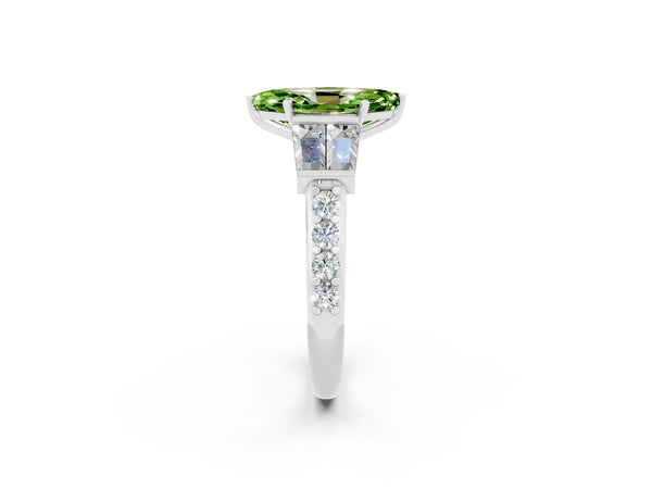 Platinum Marquise Cut Peridot Engagement Ring with Baguette Side Stones and Channel Set Band