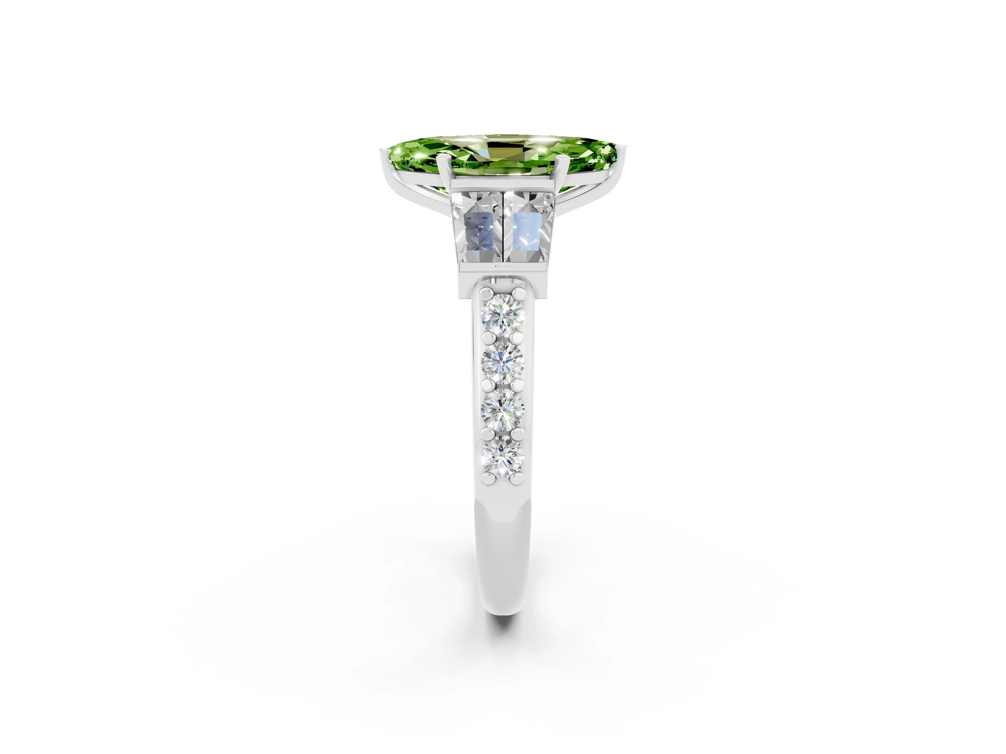 White gold Marquise Cut Peridot Engagement Ring with Baguette Side Stones and Channel Set Band_2