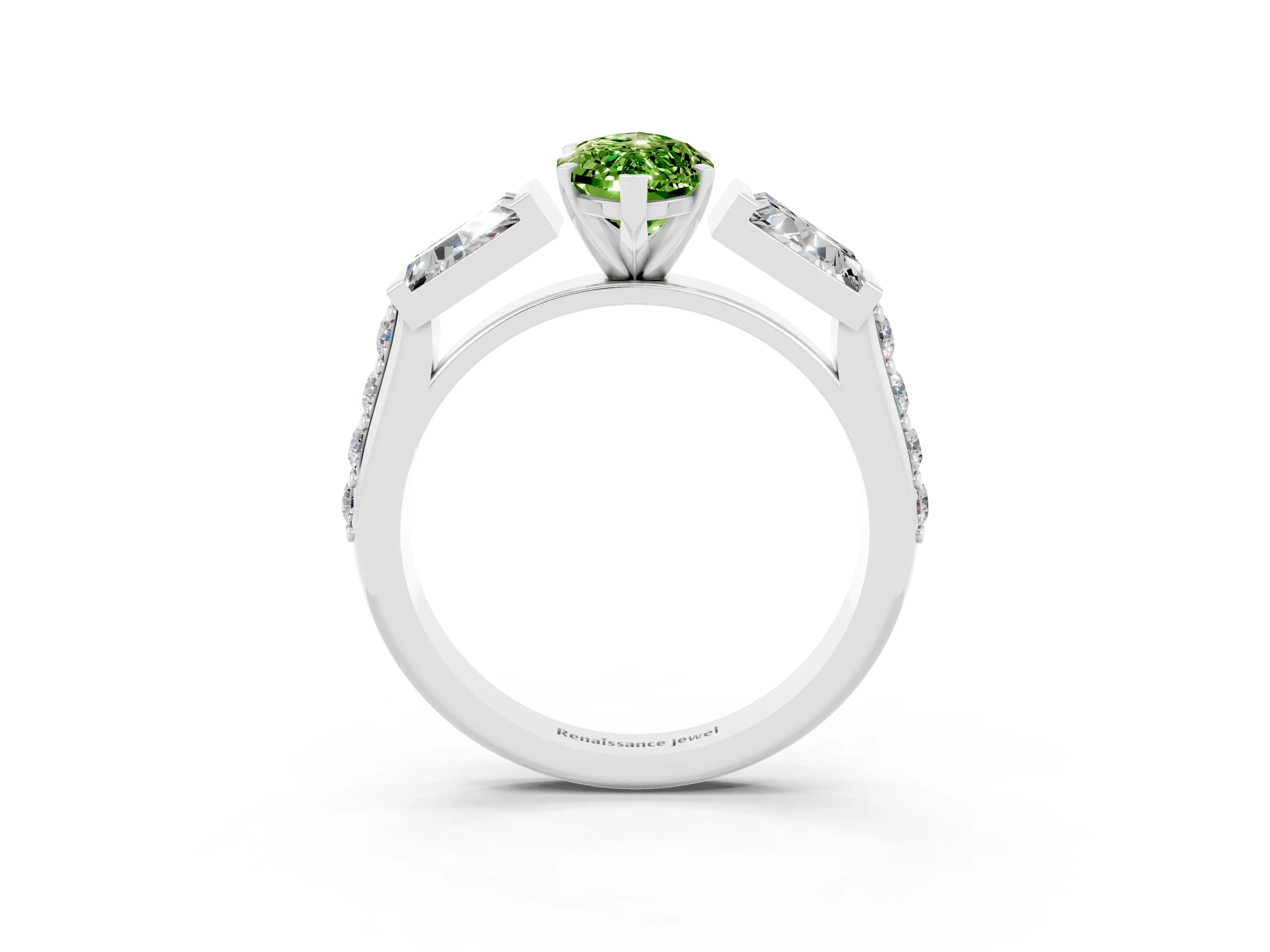 White gold Marquise Cut Peridot Engagement Ring with Baguette Side Stones and Channel Set Band_3