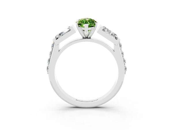 Silver Marquise Cut Peridot Engagement Ring with Baguette Side Stones and Channel Set Band