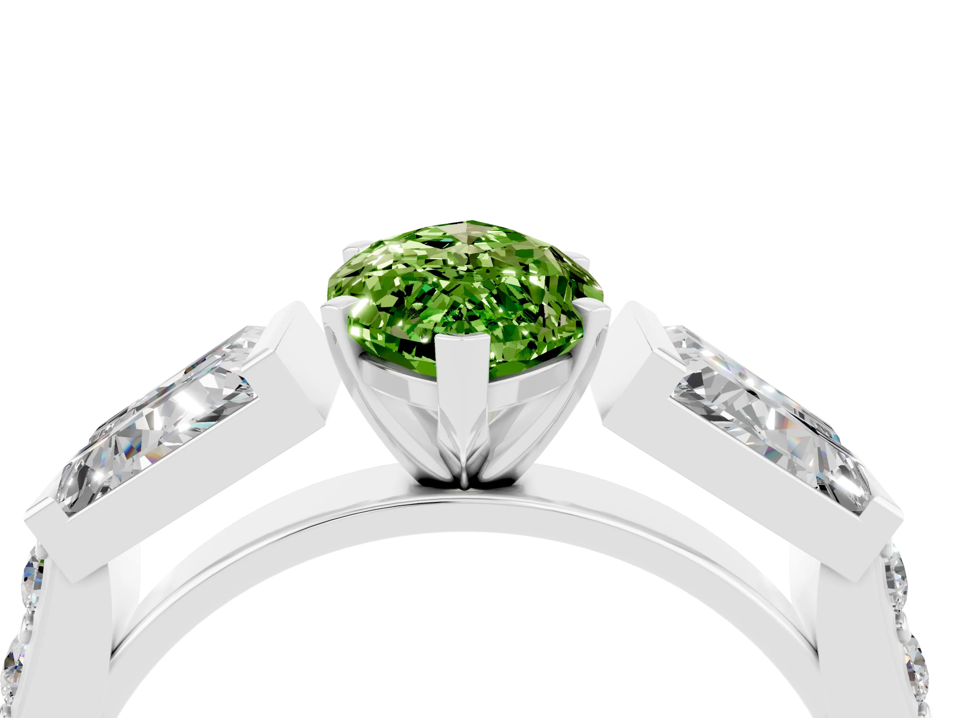 White gold Marquise Cut Peridot Engagement Ring with Baguette Side Stones and Channel Set Band_4