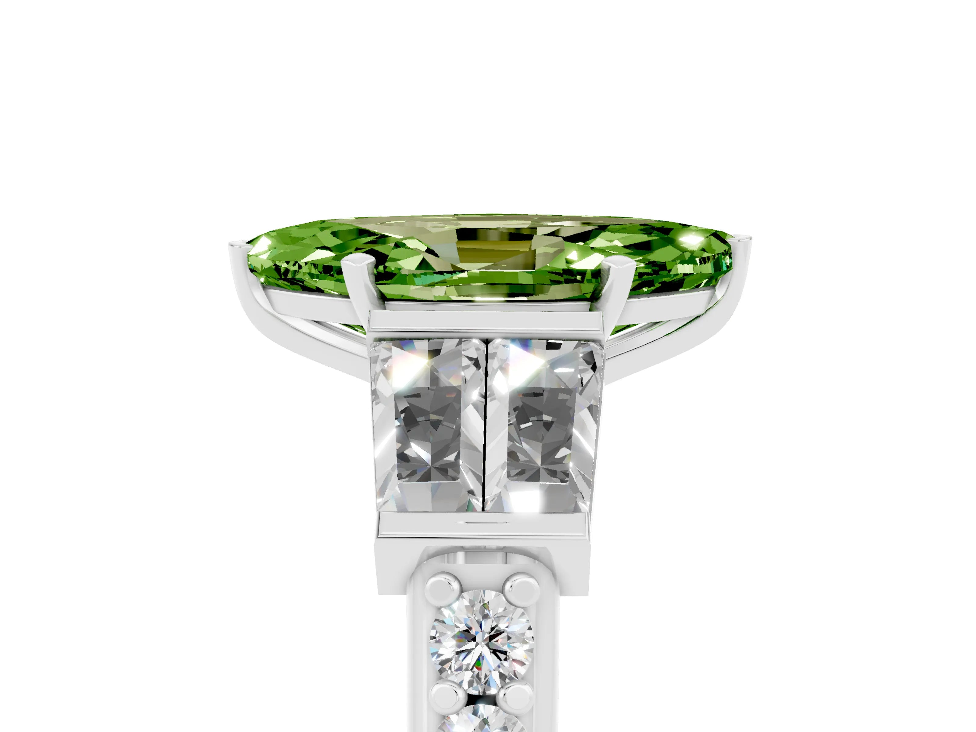 White gold Marquise Cut Peridot Engagement Ring with Baguette Side Stones and Channel Set Band_5