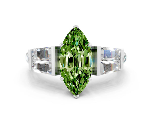 White gold Marquise Cut Peridot Engagement Ring with Baguette Side Stones and Channel Set Band