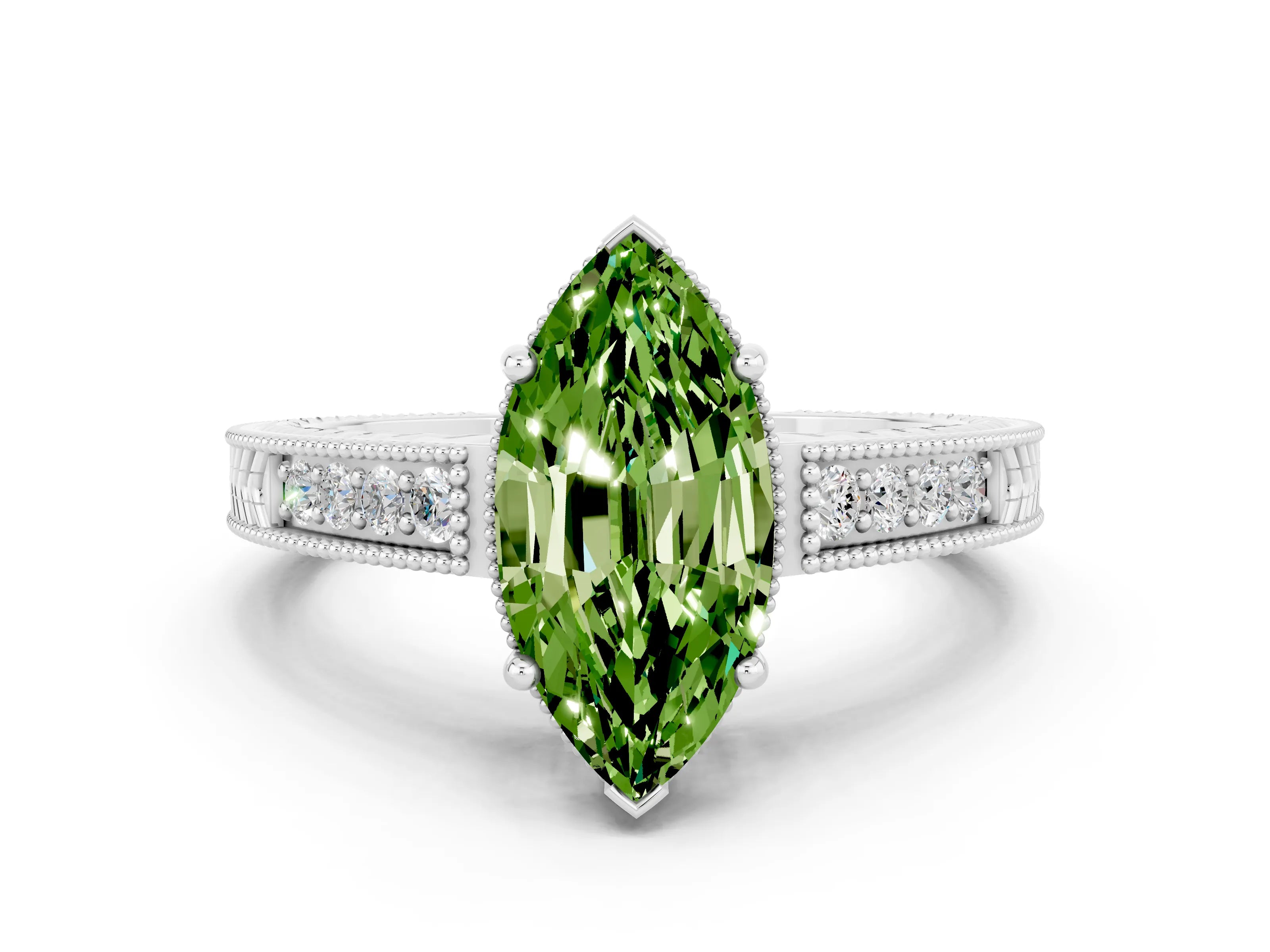 White gold Marquise Cut Peridot Engagement Ring with Milgrain Channel Set Band and Prong Setting