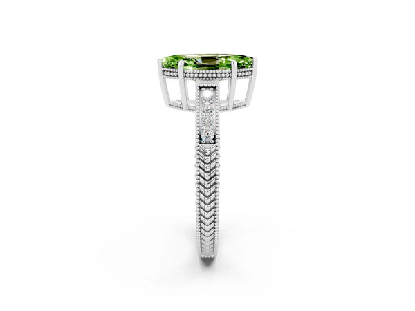 White gold Marquise Cut Peridot Engagement Ring with Milgrain Channel Set Band and Prong Setting