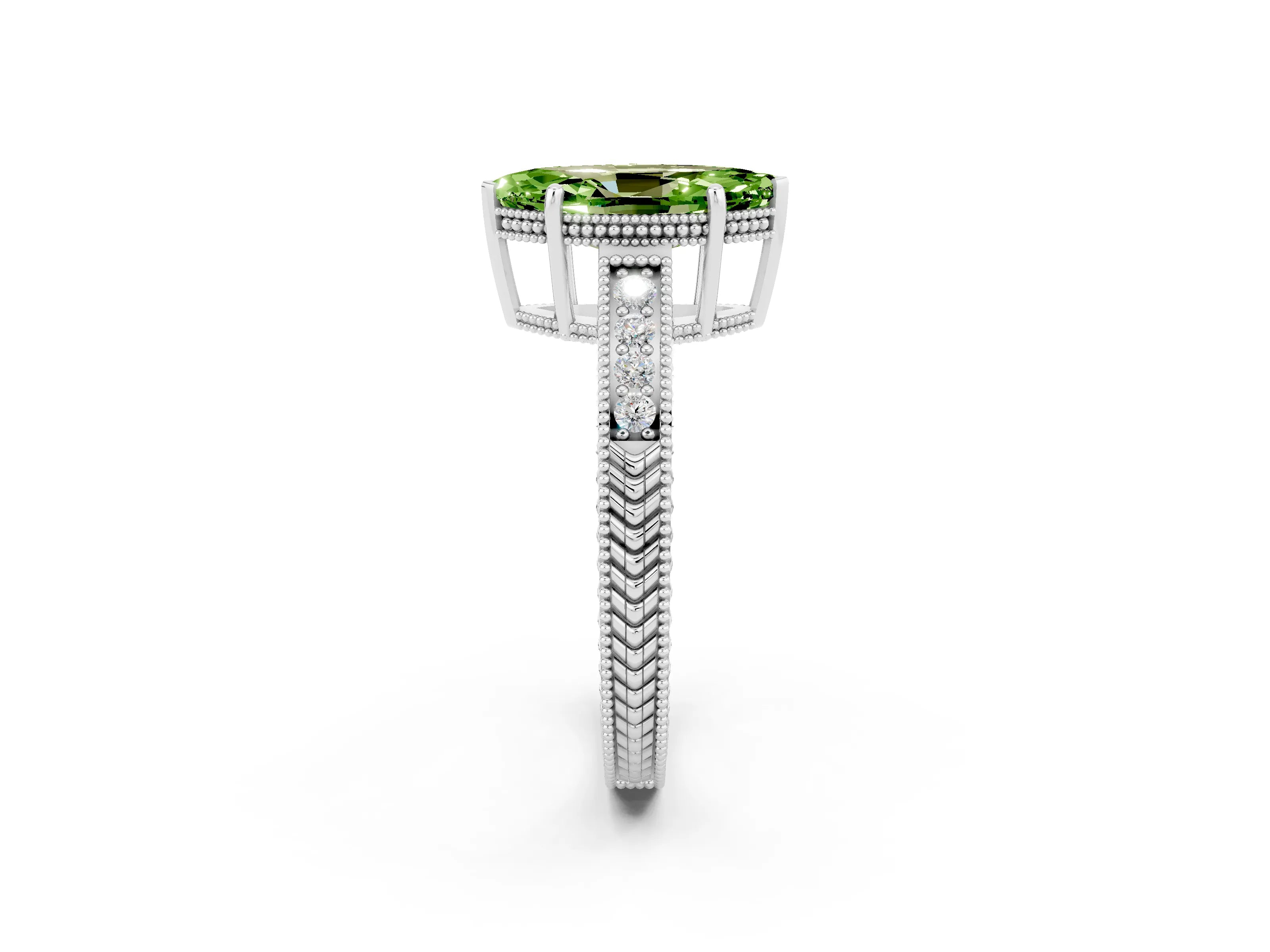 White gold Marquise Cut Peridot Engagement Ring with Milgrain Channel Set Band and Prong Setting_2