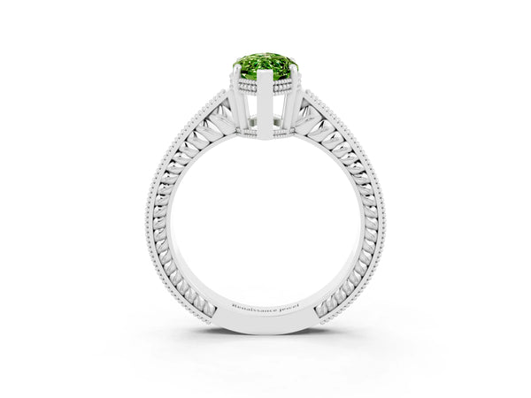 Platinum Marquise Cut Peridot Engagement Ring with Milgrain Channel Set Band and Prong Setting