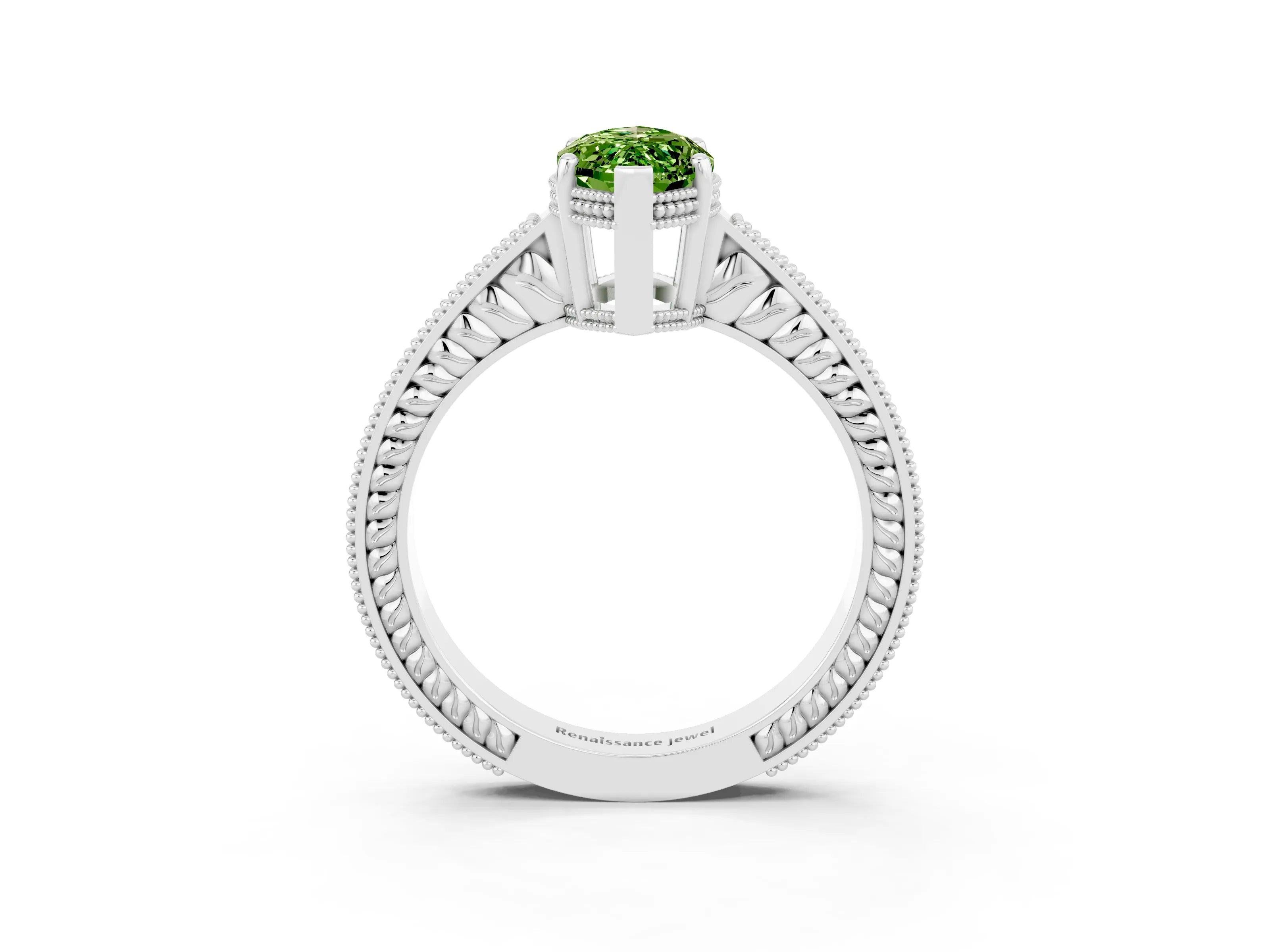 White gold Marquise Cut Peridot Engagement Ring with Milgrain Channel Set Band and Prong Setting_3