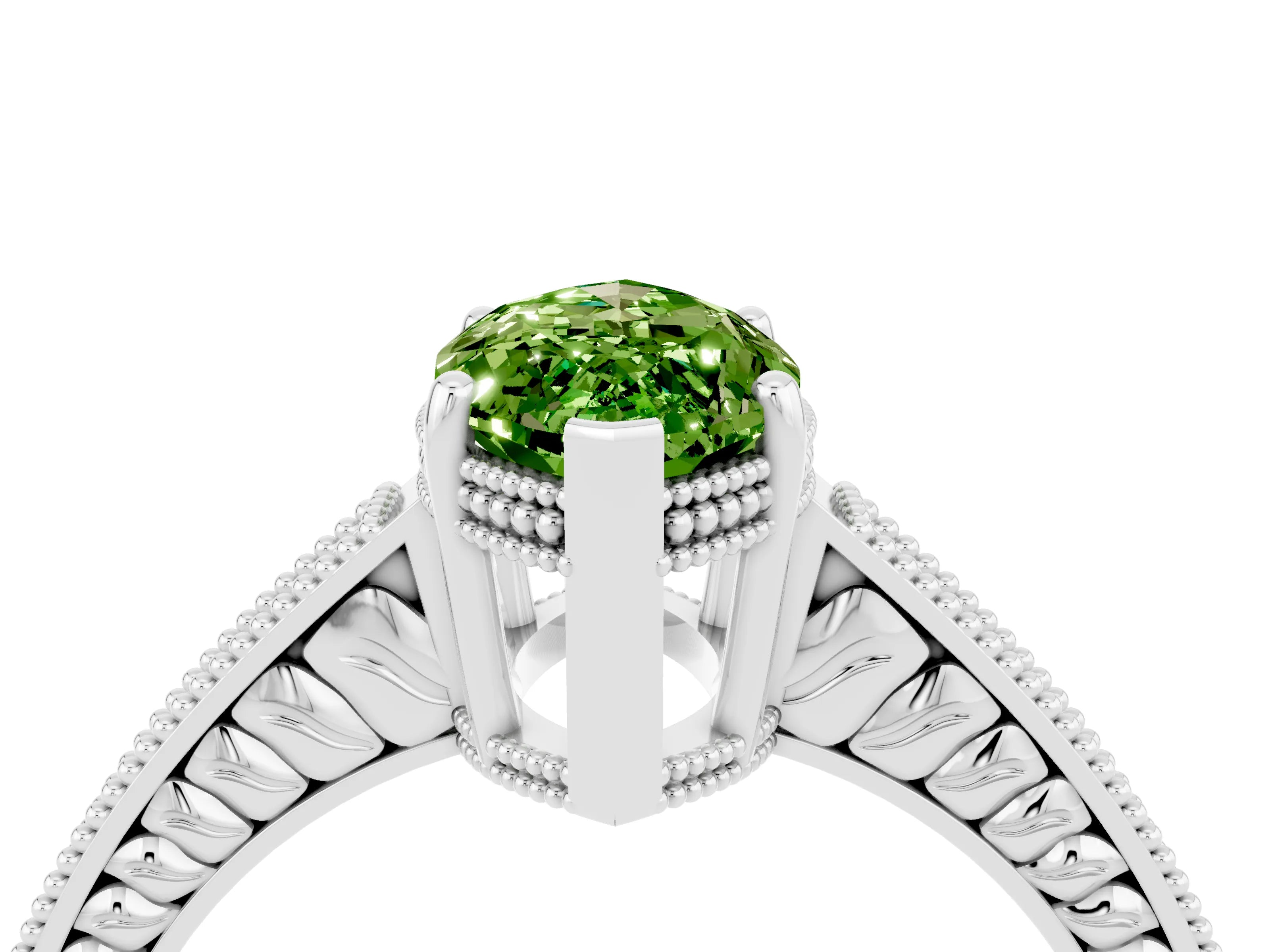 White gold Marquise Cut Peridot Engagement Ring with Milgrain Channel Set Band and Prong Setting_4