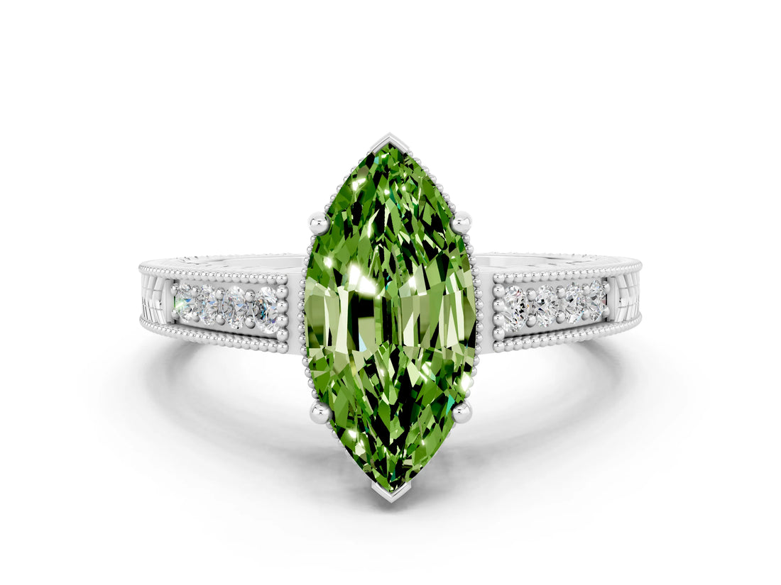 White gold Marquise Cut Peridot Engagement Ring with Milgrain Channel Set Band and Prong Setting