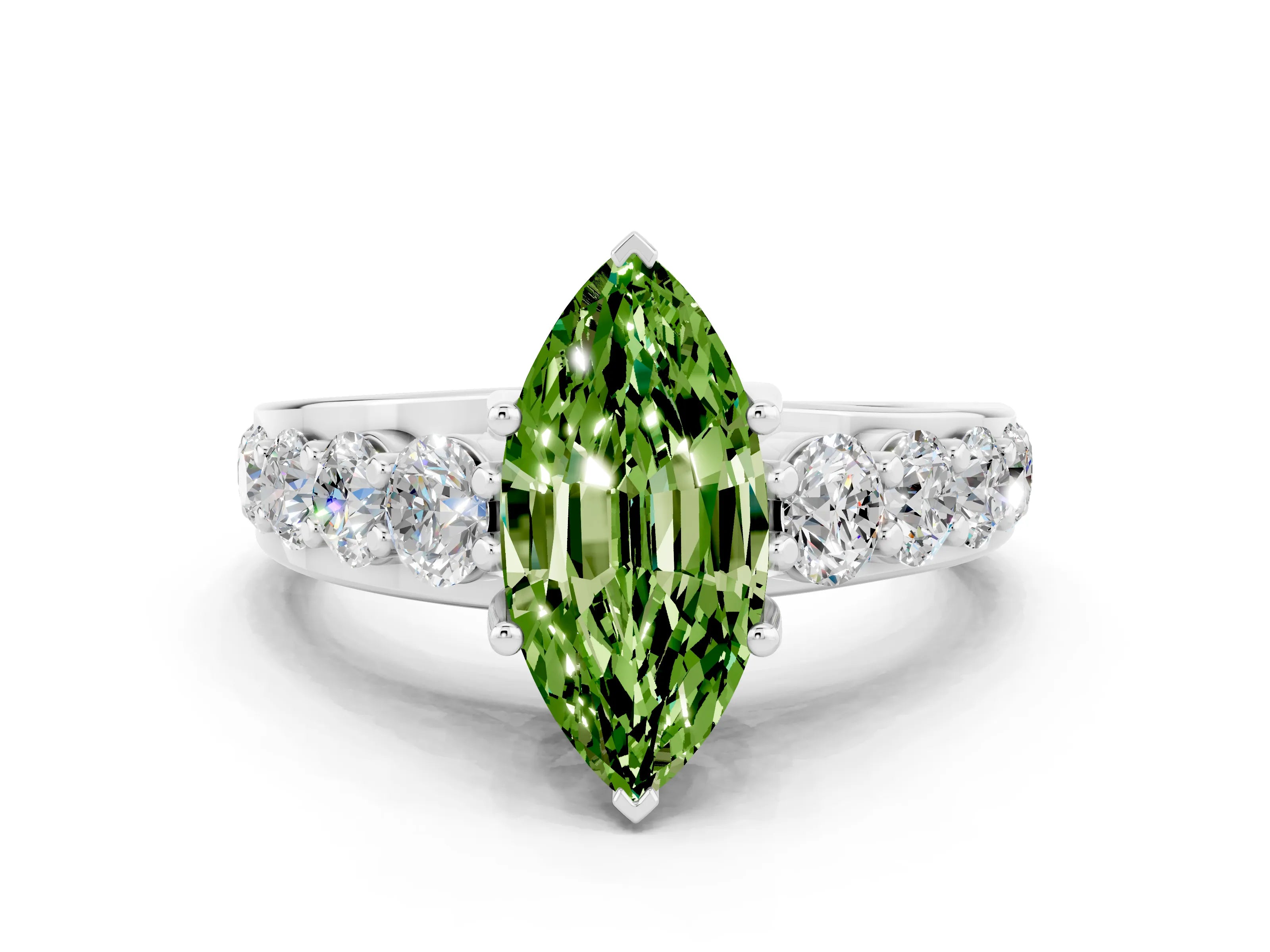 White gold Marquise Cut Peridot Engagement Ring with Pavé Band and Four-Prong Setting