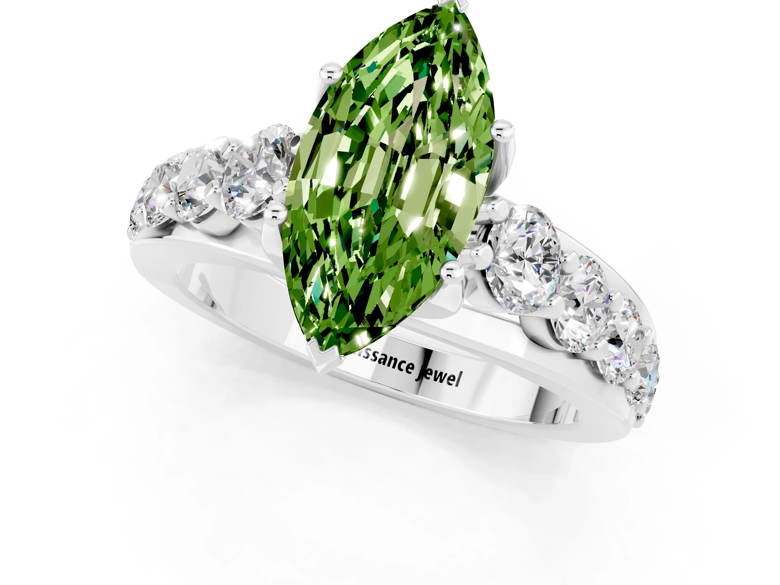 White gold Marquise Cut Peridot Engagement Ring with Pavé Band and Four-Prong Setting_1