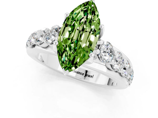 White gold Marquise Cut Peridot Engagement Ring with Pavé Band and Four-Prong Setting