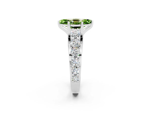 Platinum Marquise Cut Peridot Engagement Ring with Pavé Band and Four-Prong Setting