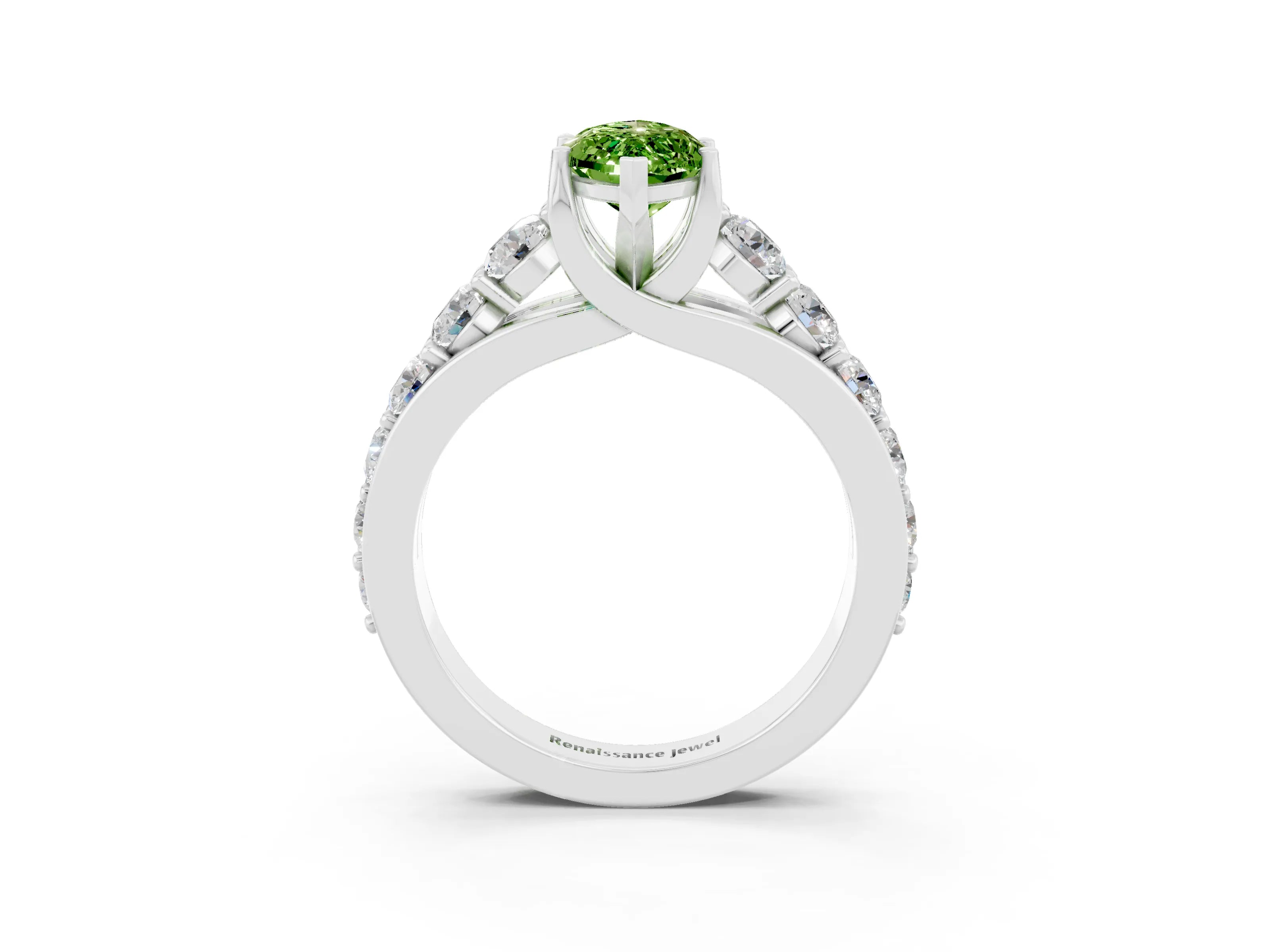White gold Marquise Cut Peridot Engagement Ring with Pavé Band and Four-Prong Setting_3