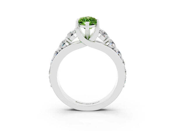 White gold Marquise Cut Peridot Engagement Ring with Pavé Band and Four-Prong Setting