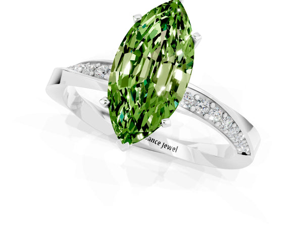 White gold Marquise Cut Peridot Engagement Ring with Side Stone Accents and Four-Prong Setting