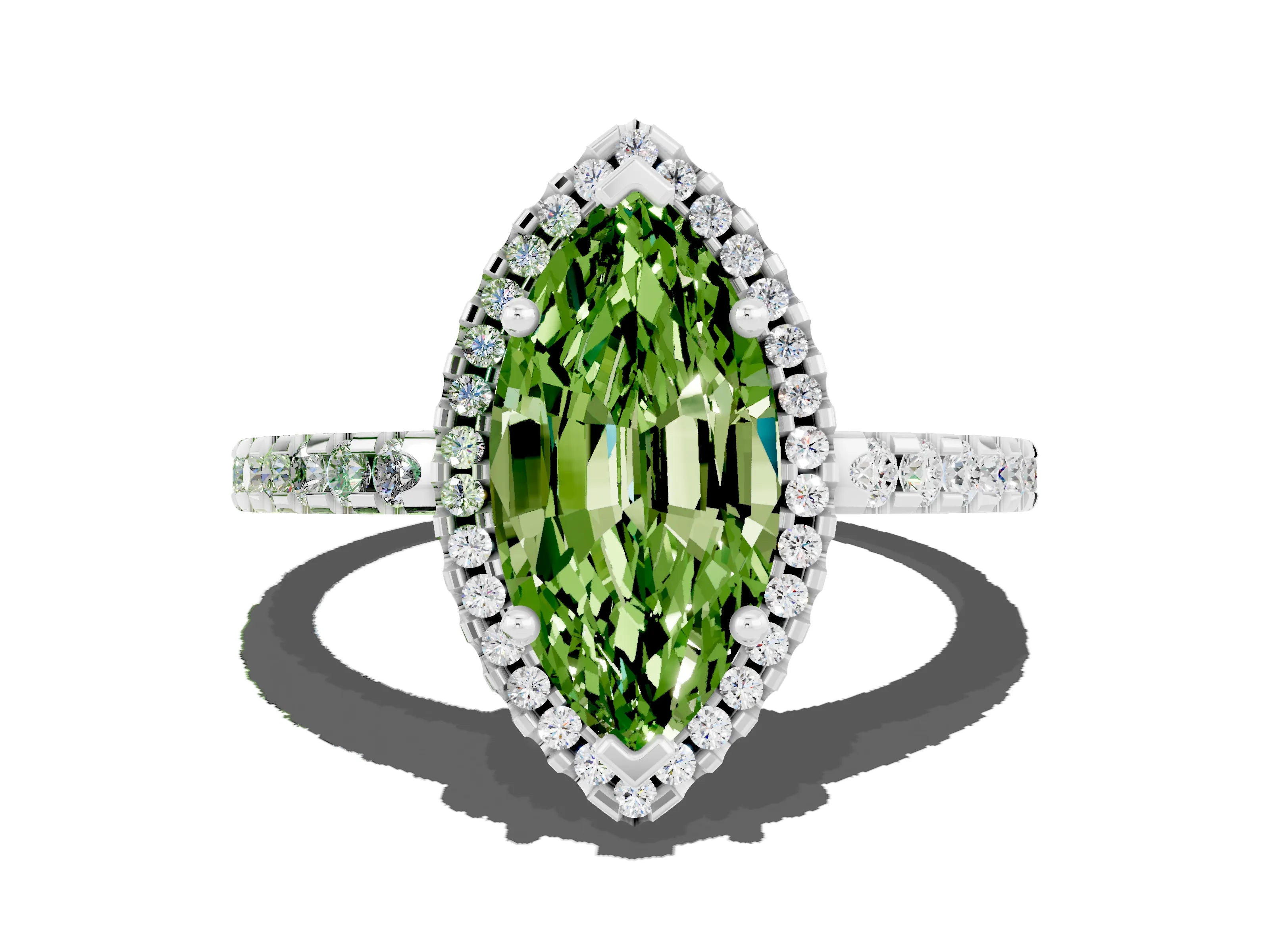 White gold Marquise Cut Peridot Halo Engagement Ring with Pavé Band and Prong Setting_12
