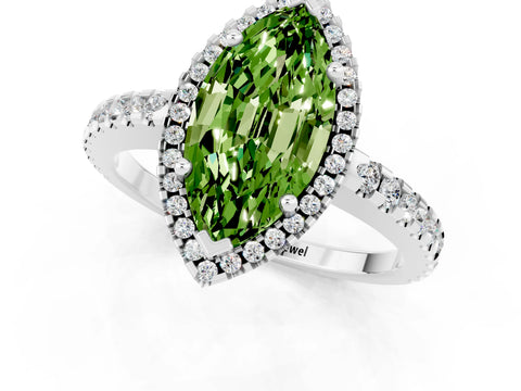 White gold Marquise Cut Peridot Halo Engagement Ring with Pavé Band and Prong Setting_13