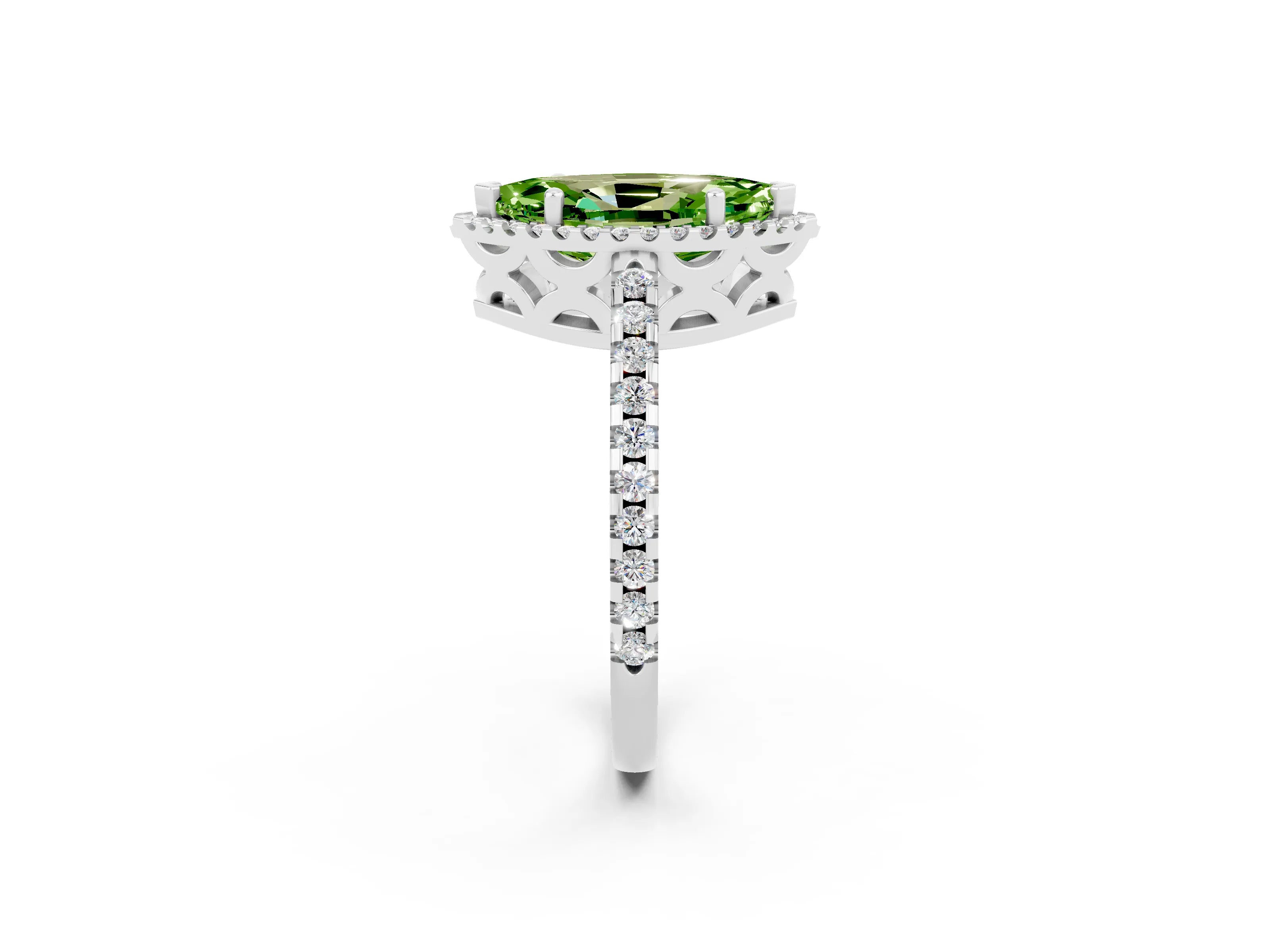 White gold Marquise Cut Peridot Halo Engagement Ring with Pavé Band and Prong Setting_14