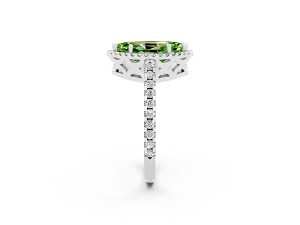 Silver Marquise Cut Peridot Halo Engagement Ring with Pavé Band and Prong Setting