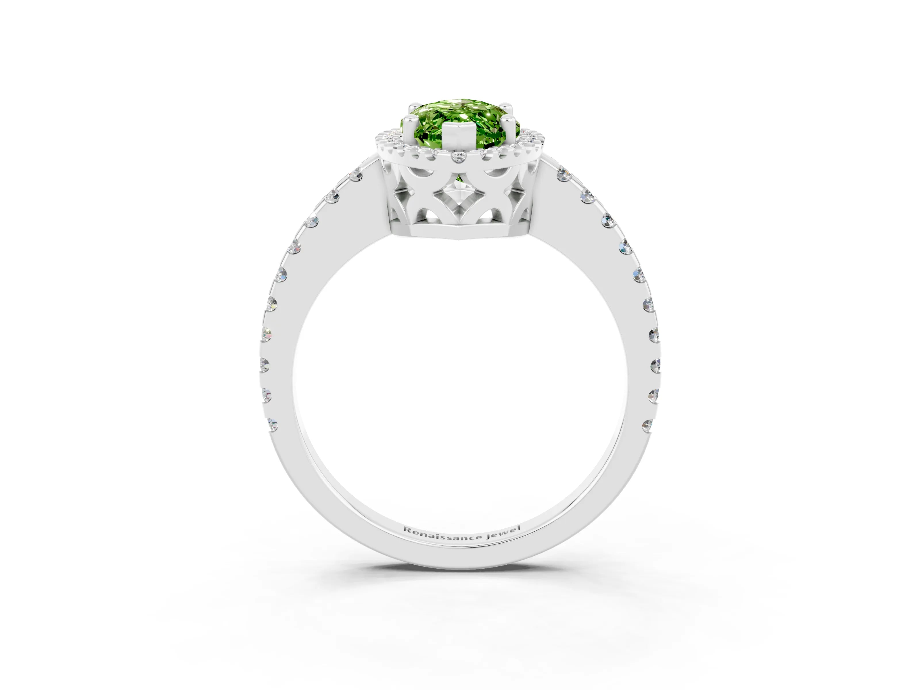 White gold Marquise Cut Peridot Halo Engagement Ring with Pavé Band and Prong Setting_15