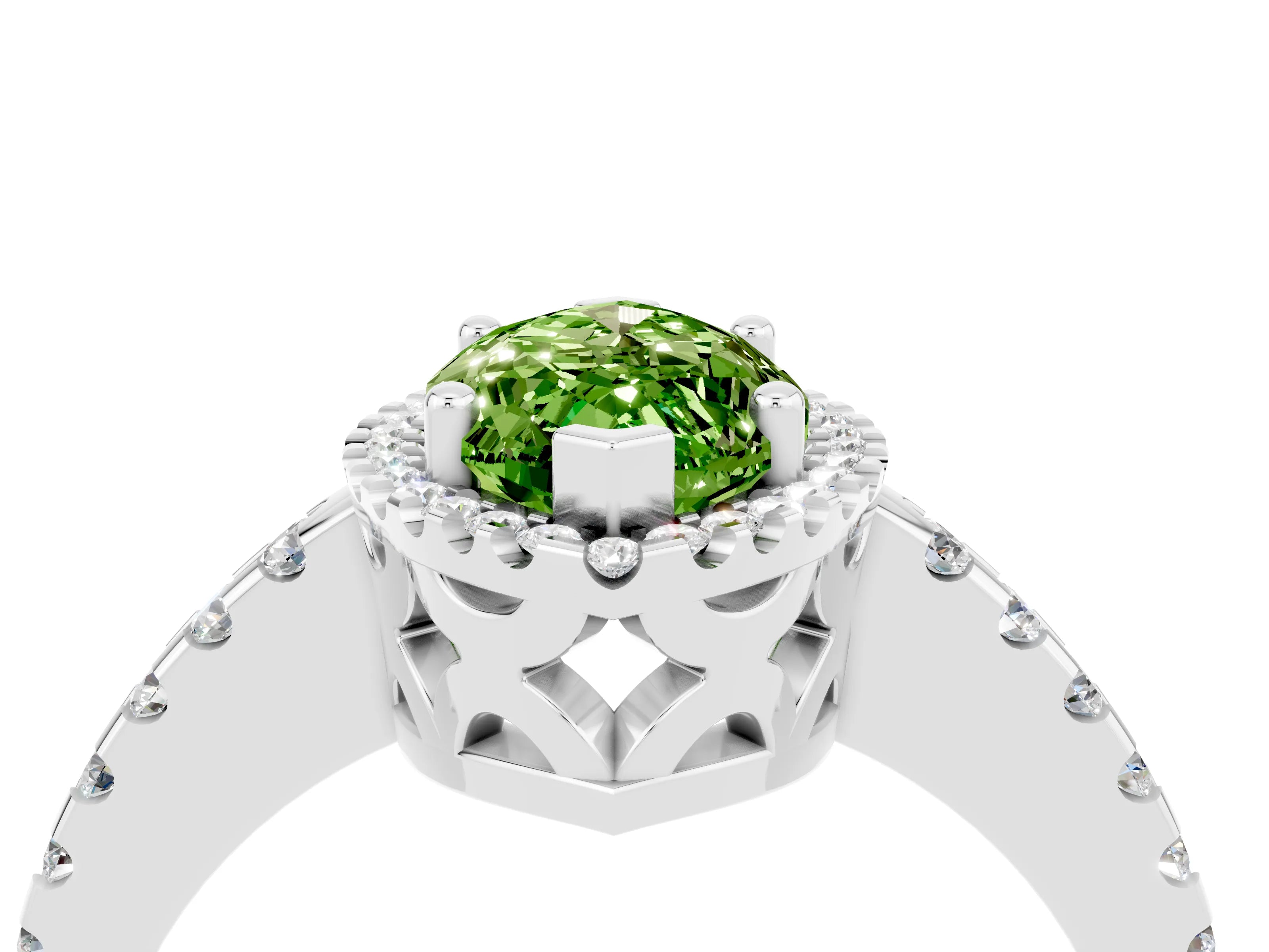 White gold Marquise Cut Peridot Halo Engagement Ring with Pavé Band and Prong Setting_16