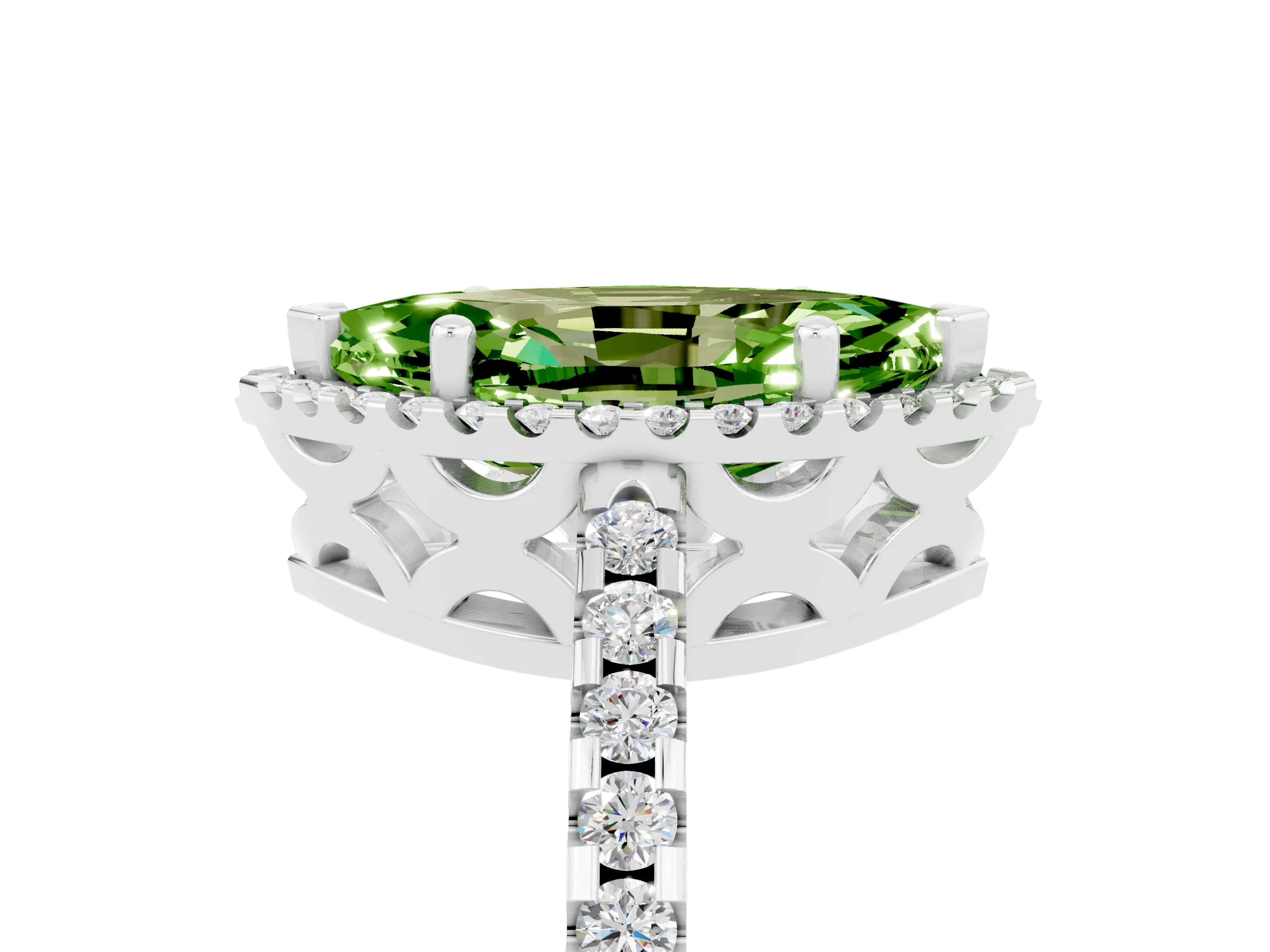 White gold Marquise Cut Peridot Halo Engagement Ring with Pavé Band and Prong Setting_17