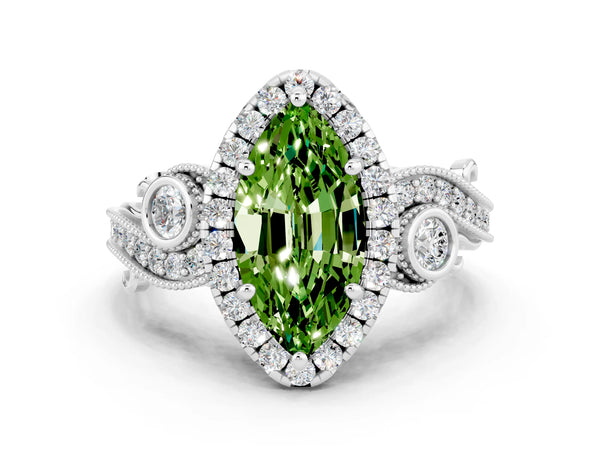 White gold Marquise Cut Peridot Halo Ring with Milgrain Pavé Band and Four-Prong Setting