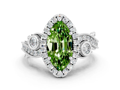White gold Marquise Cut Peridot Halo Ring with Milgrain Pavé Band and Four-Prong Setting_12