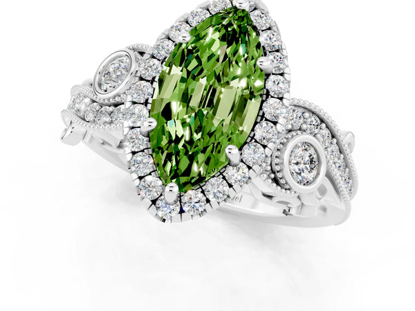 Silver Marquise Cut Peridot Halo Ring with Milgrain Pavé Band and Four-Prong Setting