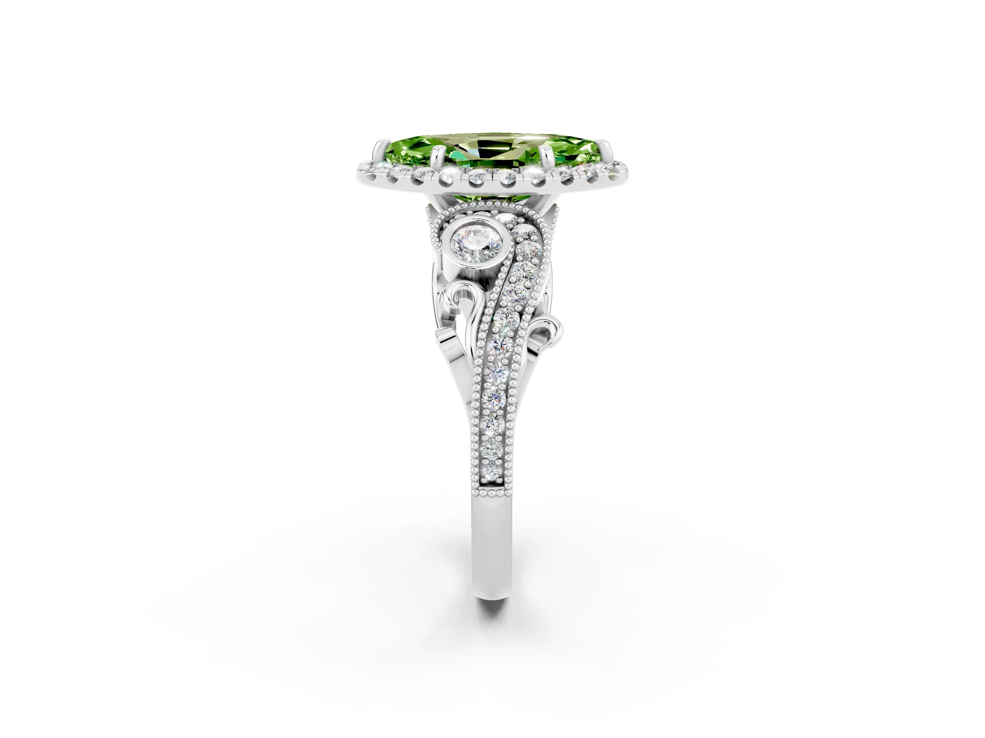 White gold Marquise Cut Peridot Halo Ring with Milgrain Pavé Band and Four-Prong Setting_14